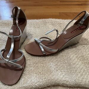 Prada Silver Strappy Wedge Sandals